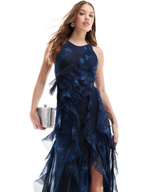 ASOS DESIGN racer neckline ruffle maxi dress with hi low hem in teal floral print