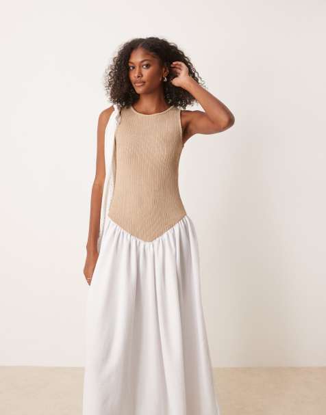ASOS DESIGN racer rib bodice with hybrid skirt neutral maxi dress - view 1