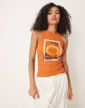 [ASOS DESIGN] ASOS DESIGN racer rib singlet top with postcard graphic in rust-Orange XS RUST