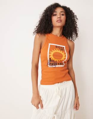 Asos Design Racer Ribbed Tank Top With Postcard Graphic In Orange