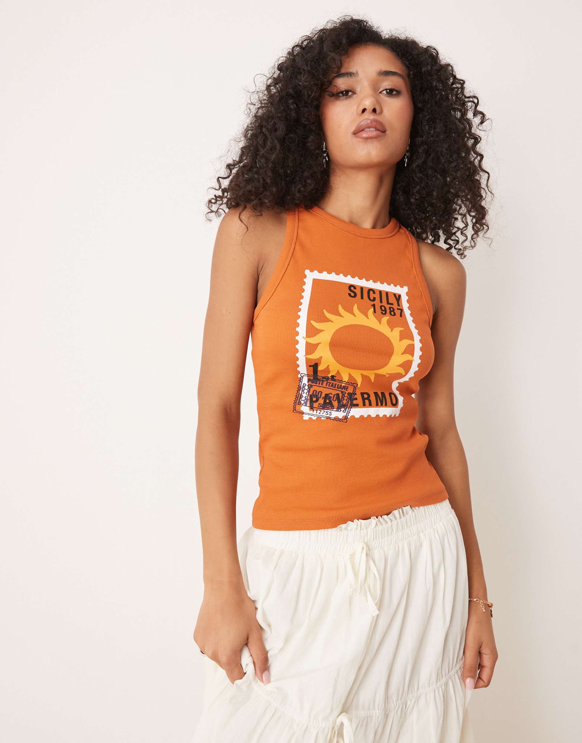 asos design racer ribbed tank top with postcard graphic in rust
