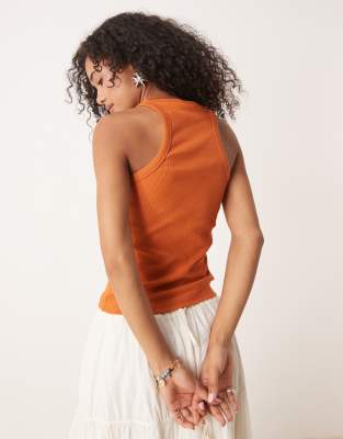 Asos Design Racer Ribbed Tank Top With Postcard Graphic In Orange