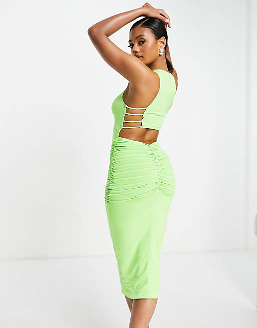 Dresses racer ruched back strappy side detailed midi dress in lime 