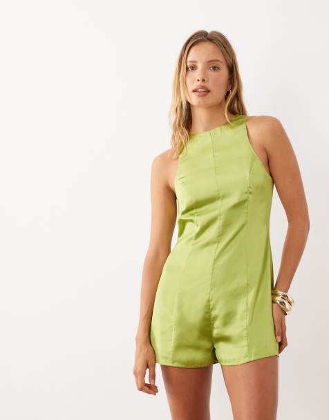 ASOS DESIGN racer satijnen playsuit in chartreuse - view 1