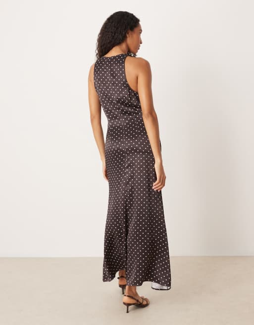 ASOS DESIGN racer satin maxi dress in chocolate spot