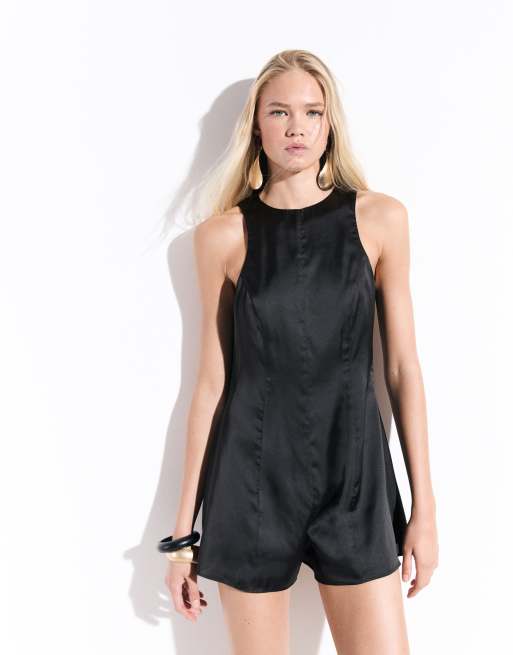 ASOS DESIGN racer satin playsuit in black, 3 of 8