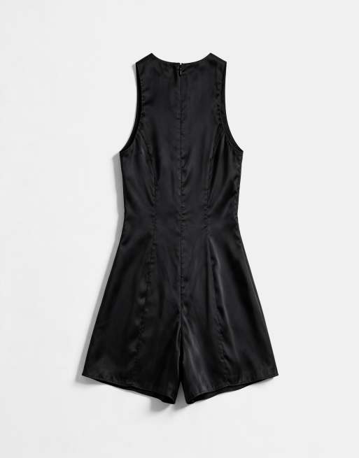 ASOS DESIGN racer satin playsuit in black, 6 of 8