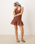 [ASOS DESIGN] ASOS DESIGN racer shirred ruffle hem mini dress in chocolate-Brown 12 chocolate