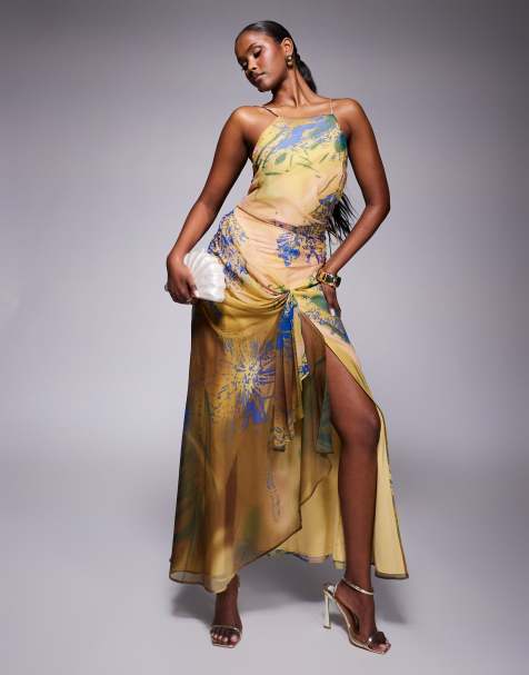 ASOS DESIGN racer strappy maxi dress with draped skirt in abstract floral print - view 1
