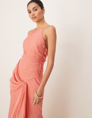 Asos Design Racer Strappy Maxi Dress With Draped Skirt