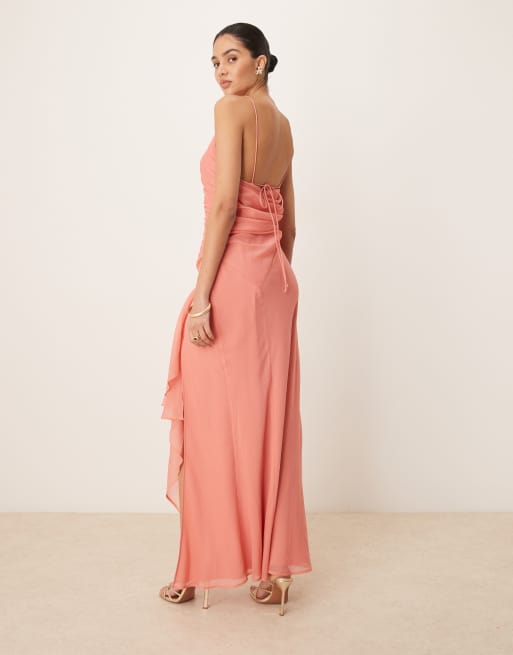 ASOS DESIGN racer strappy maxi dress with draped skirt in terracotta , 3 of 4