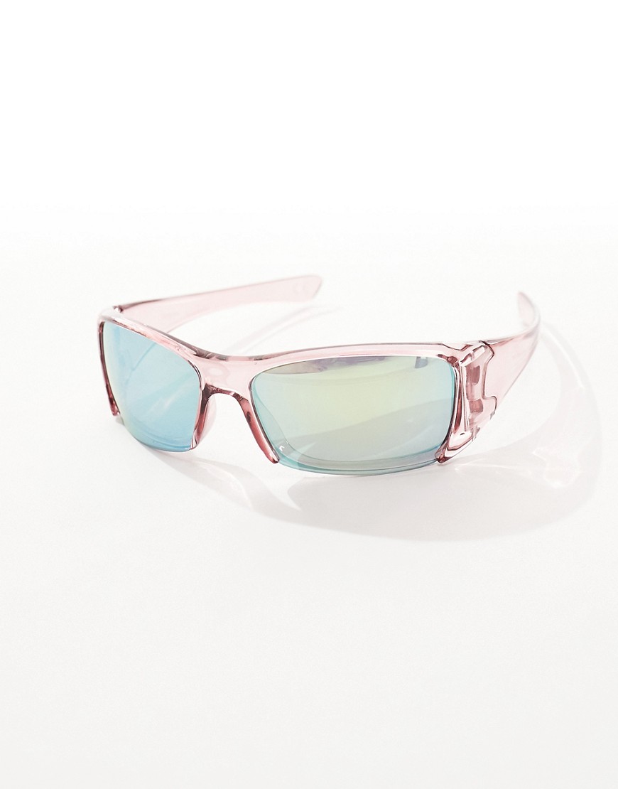 racer sunglasses with mirrored blue lens in pink