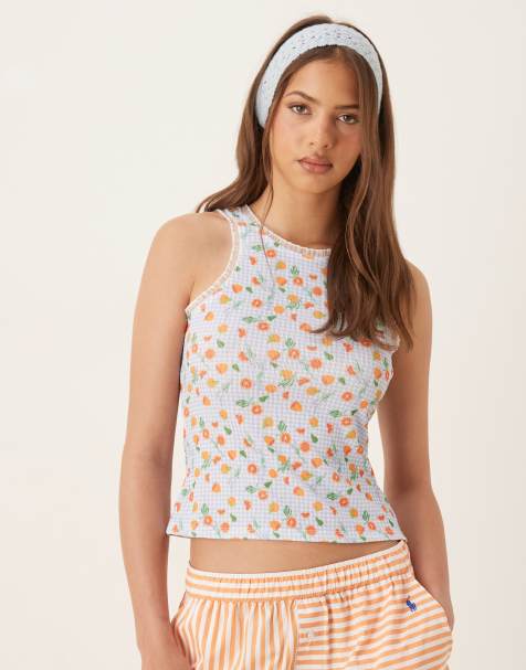 ASOS DESIGN racer tank in gingham floral print with lace trim - view 1