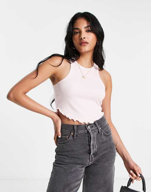 ASOS DESIGN racer tank top with lettuce hem in pink