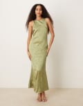 [ASOS DESIGN] ASOS DESIGN racer twist back crinkle satin maxi dress in olive-Green 12 Olive