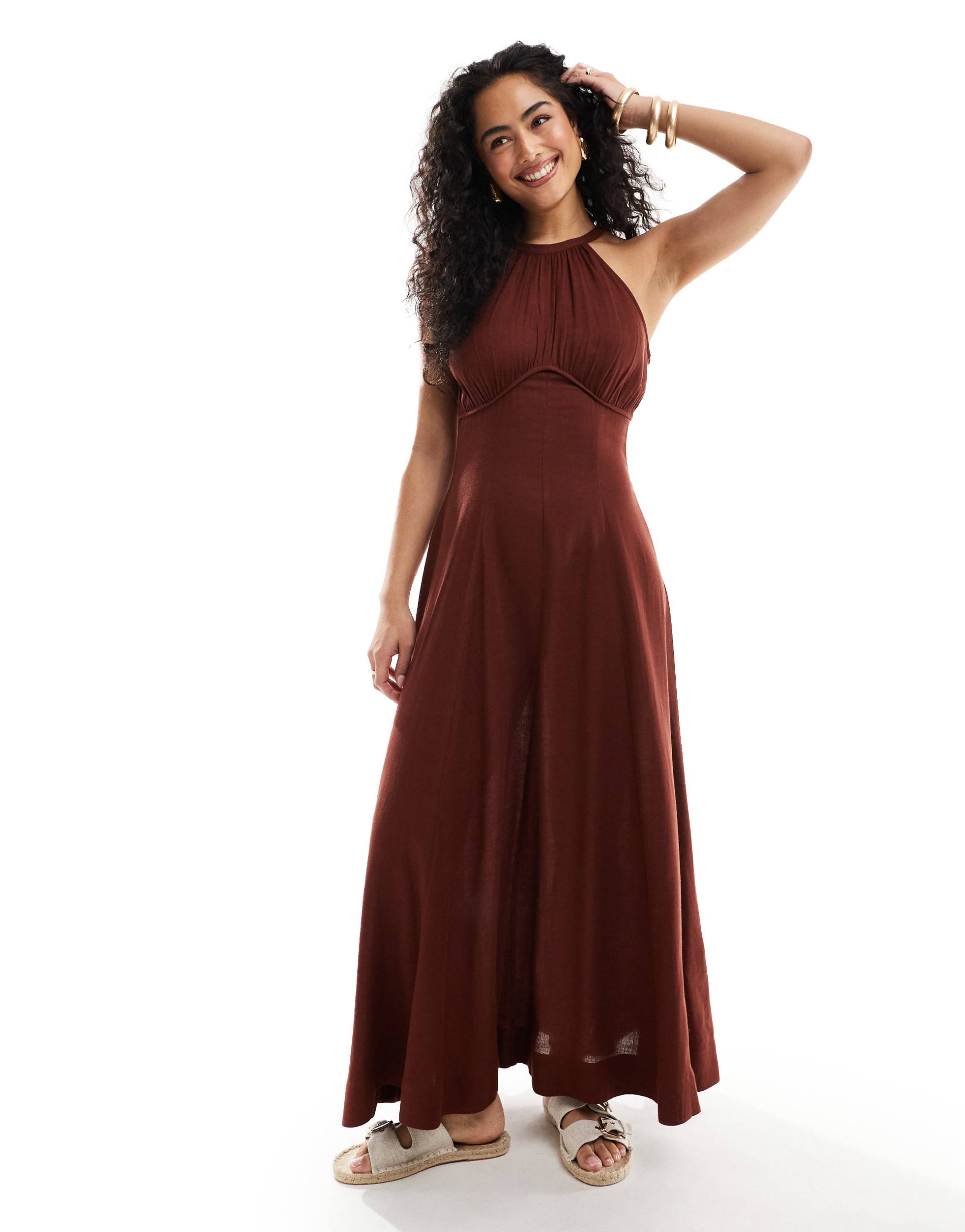 asos design racer underbust seam maxi sundress with full skirt in chocolate