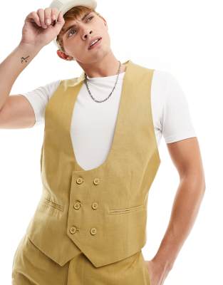 Asos Design Racerback Suit Vest In Slubby Texture In Stone-neutral