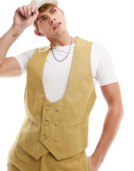ASOS DESIGN racerback suit vest in slubby texture in stone