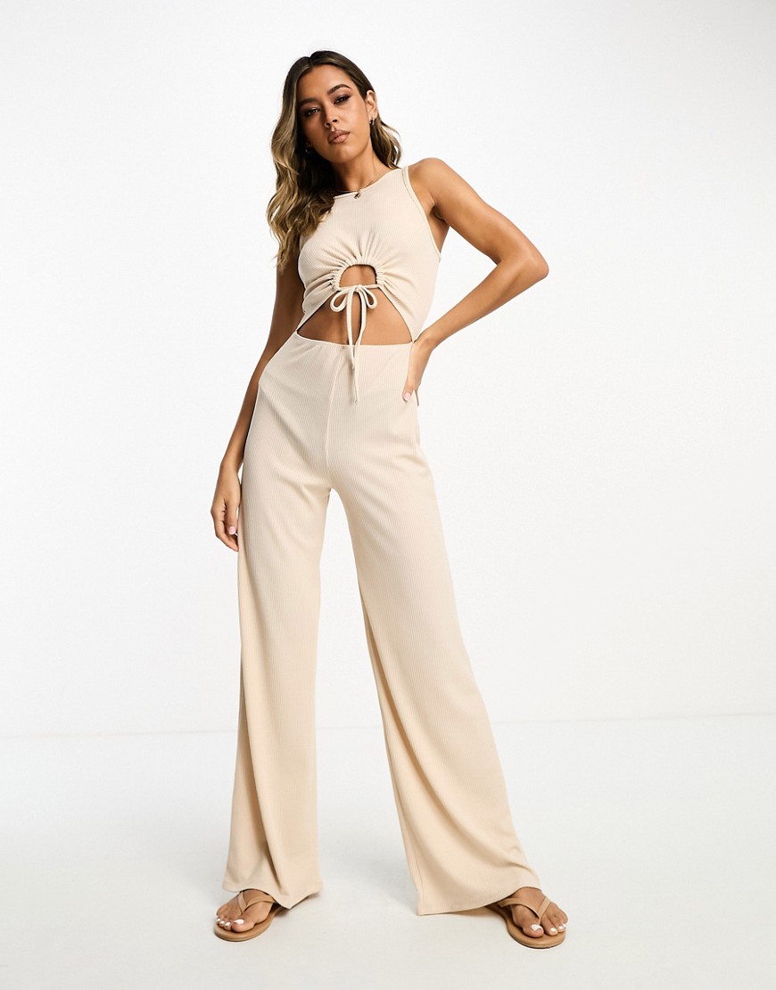 ASOS DESIGN racerneck rib jumpsuit with ruched keyhole in oatmeal-Neutral