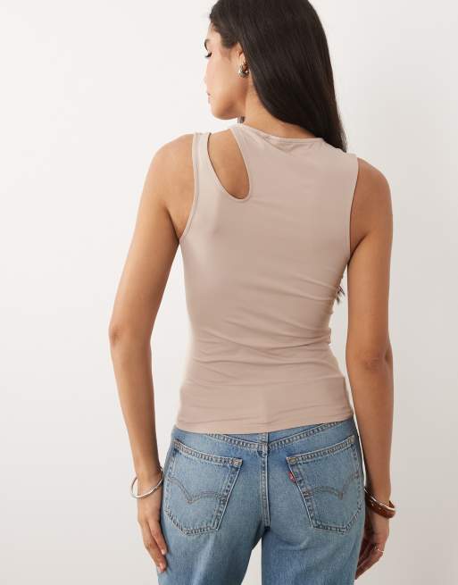 ASOS DESIGN - Racertop van gladde polyamide met uitsnijding op de schouder in stone, 3 van 4