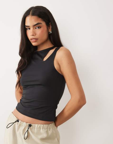 ASOS DESIGN - Racertop van gladde polyamide met uitsnijding op de schouder in zwart - view 1