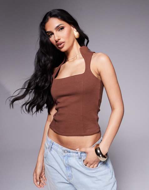 ASOS DESIGN - Racertop van pontestof met gebogen halslijn in chocoladebruin - view 1