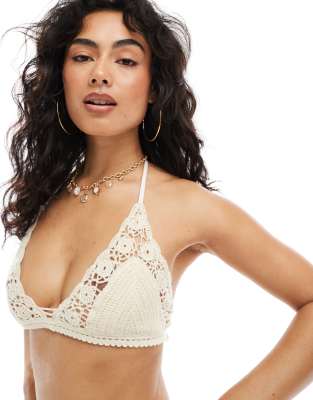 Asos Design Rachael Crochet Triangle Bikini Top In Neutral