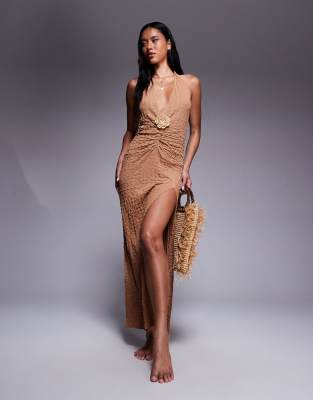 ASOS DESIGN Raffi plunge maxi beach dress in dark brown