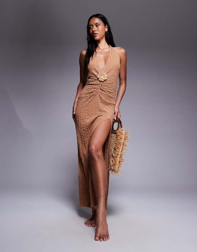 plunge beach dress ASOS Design Raffi Maxi in dark Brown Black Mermaid Sexy Satin Neck Size:18.5 beach vacation outfit Flower crochet Beach Vacation