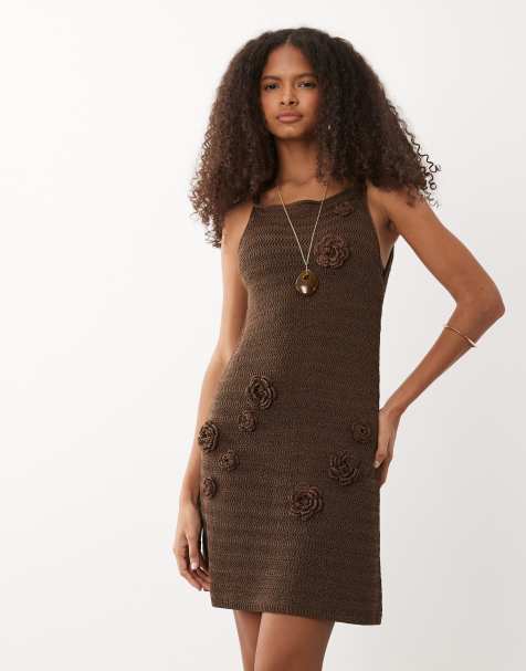 ASOS DESIGN raffia 3D crochet flower mini dress in chocolate - view 1