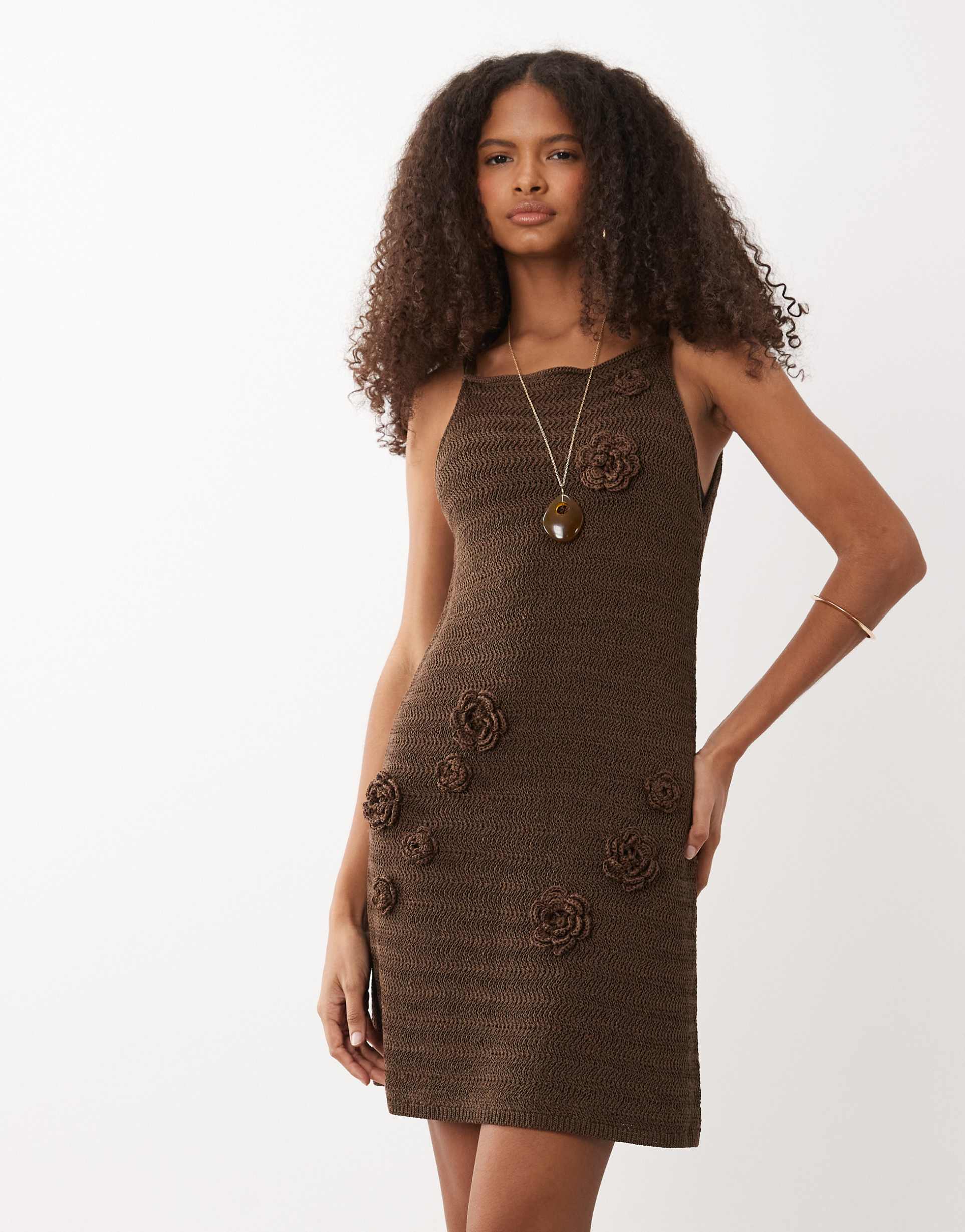 asos design raffia 3d crochet flower mini dress in chocolate