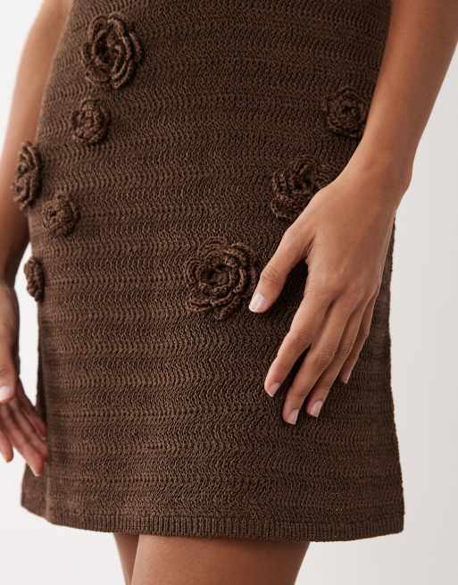 ASOS DESIGN raffia 3D crochet flower mini dress in chocolate, 3 of 4
