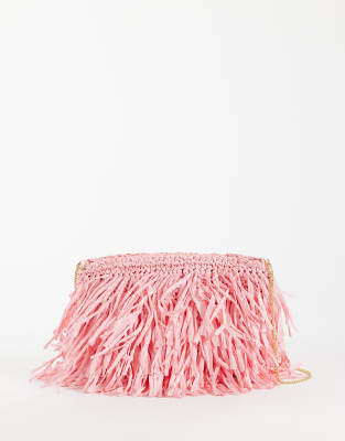 Asos Design Raffia Tassel Clutch Bag In Pink