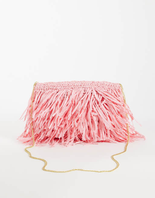 ASOS DESIGN raffia tassel clutch bag in pink, 4 of 4