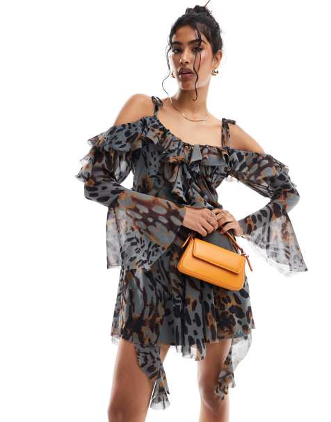 ASOS DESIGN ragged edge mini dress with godets and under layer frills in animal print - view 1