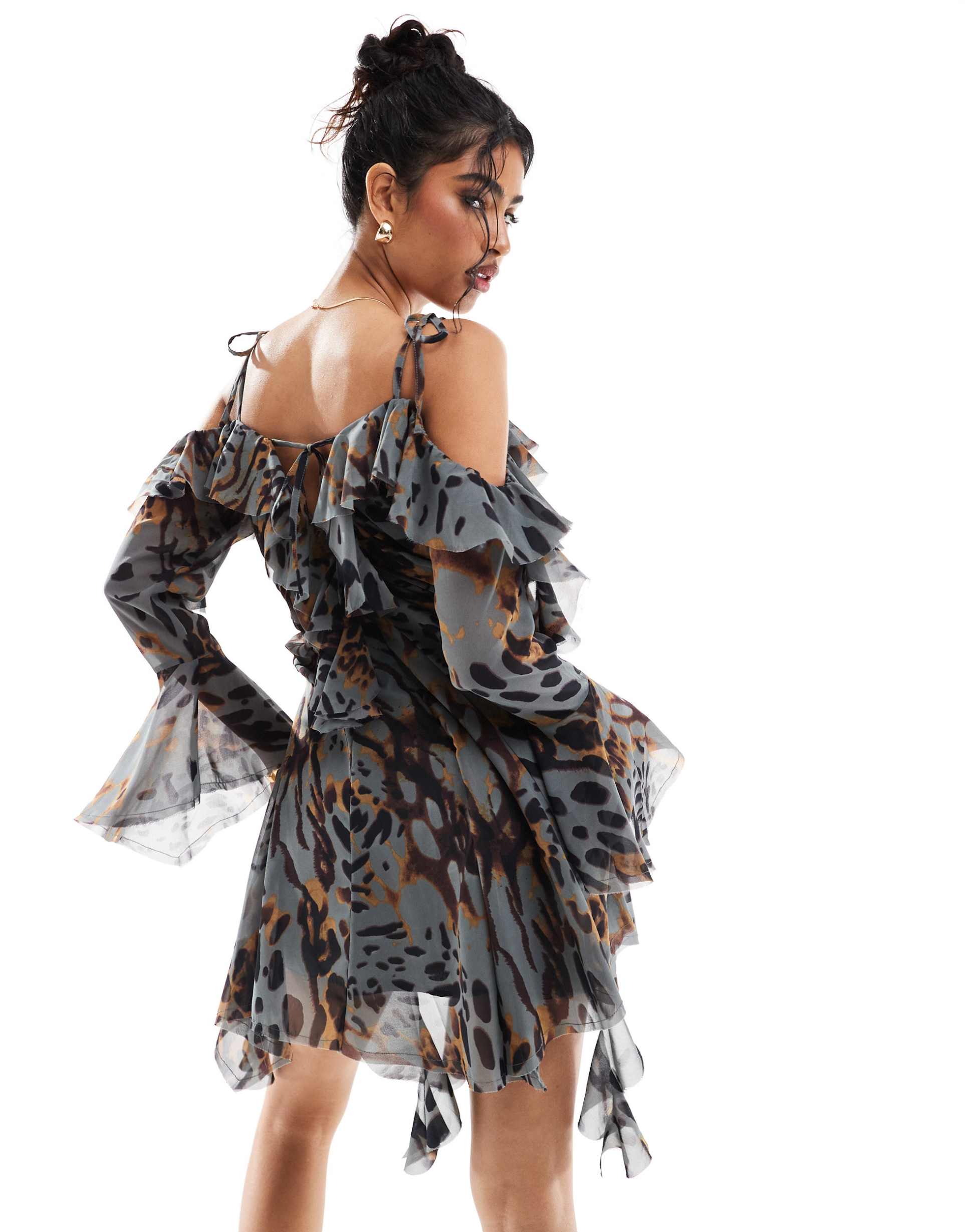 asos design ragged edge mini dress with godets and under layer frills in animal print