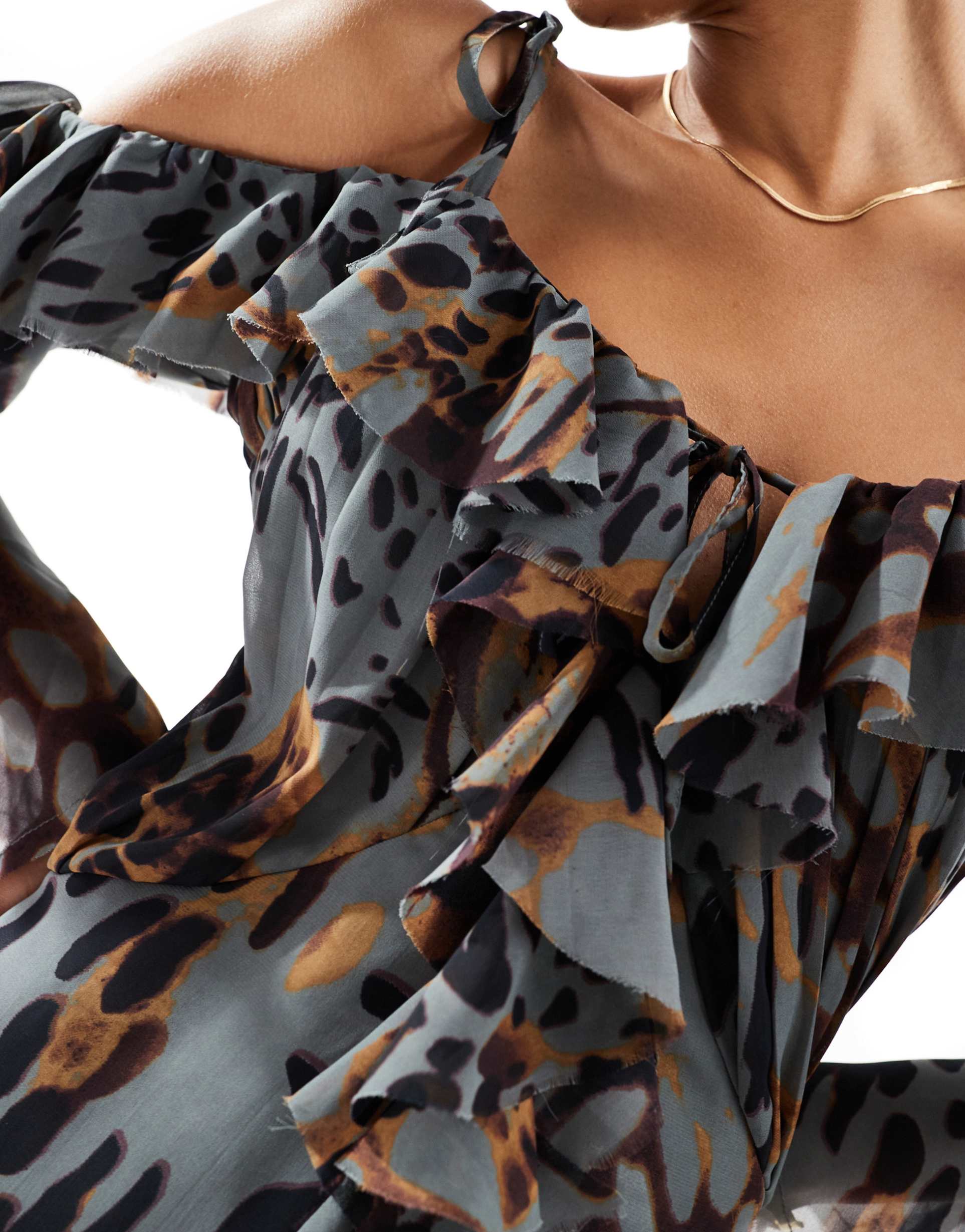 asos design ragged edge mini dress with godets and under layer frills in animal print