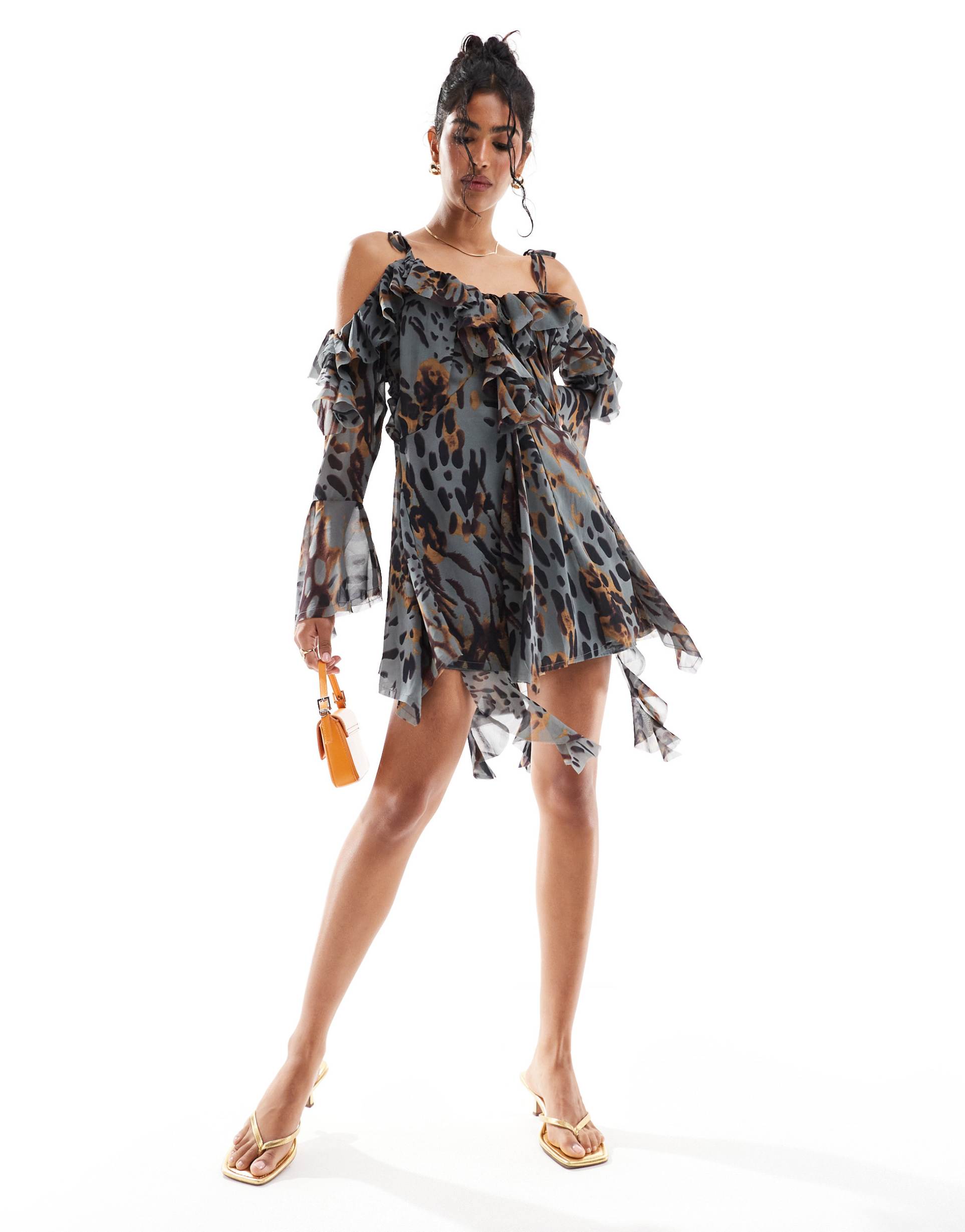 asos design ragged edge mini dress with godets and under layer frills in animal print