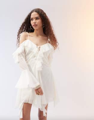 Asos Design Ragged Edge Mini Dress With Godets And Under Layer Frills In Ivory-white