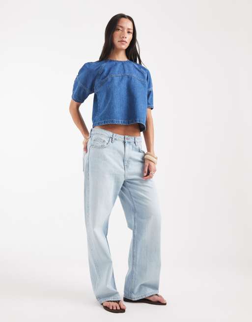 ASOS DESIGN raglan cocoon-ærme smock denimtop i mellemvask blå del af sæt, 3 af 4