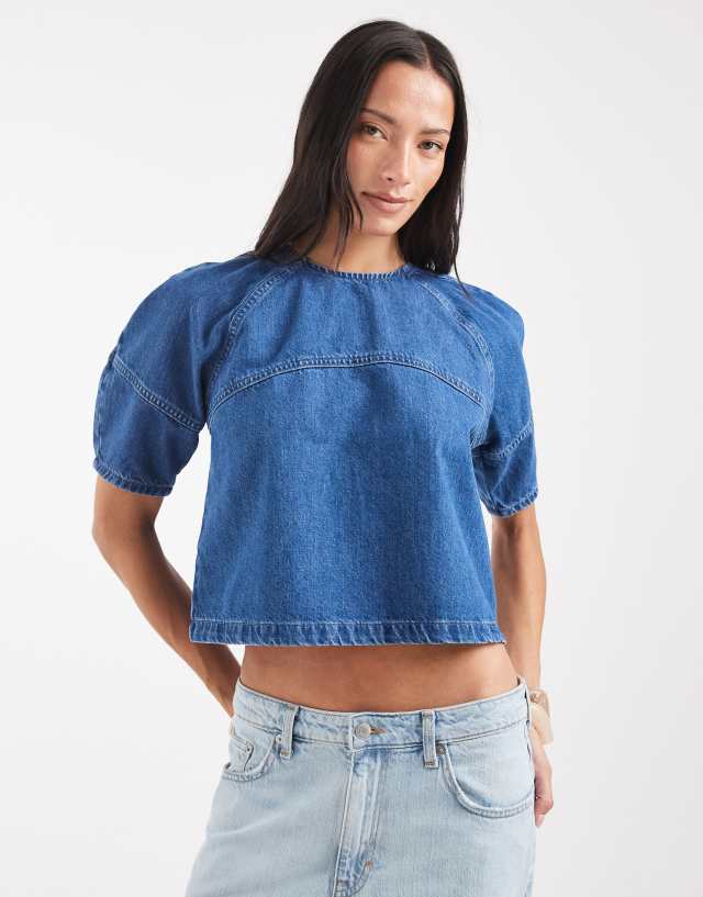 ASOS DESIGN raglan cocoon sleeve smock denim top in midwash blue - part of a set