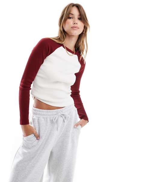 ASOS DESIGN raglan long sleeve top in burgundy and cream - view 1
