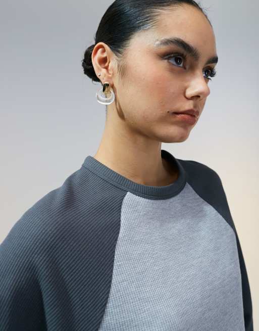 ASOS DESIGN raglan long sleeve top in waffle in charcoal 
