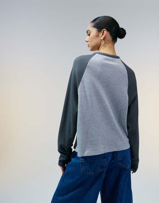 ASOS DESIGN raglan long sleeve top in waffle in charcoal 