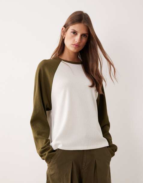 ASOS DESIGN raglan long sleeve top in waffle in cream and olive - view 1