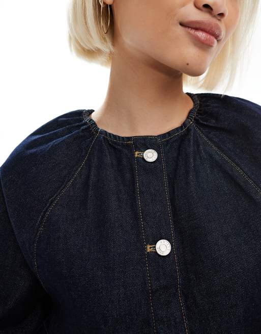 ASOS DESIGN raglan puff sleeve denim mini dress in rinse wash, 3 of 4