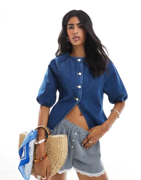 ASOS DESIGN raglan puff sleeve denim top in mid blue - view 1