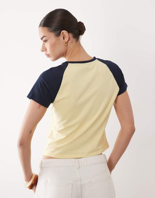 ASOS DESIGN raglan sleeve baby tee with distressed 12 graphic in buttermilk and navy, 4 of 4