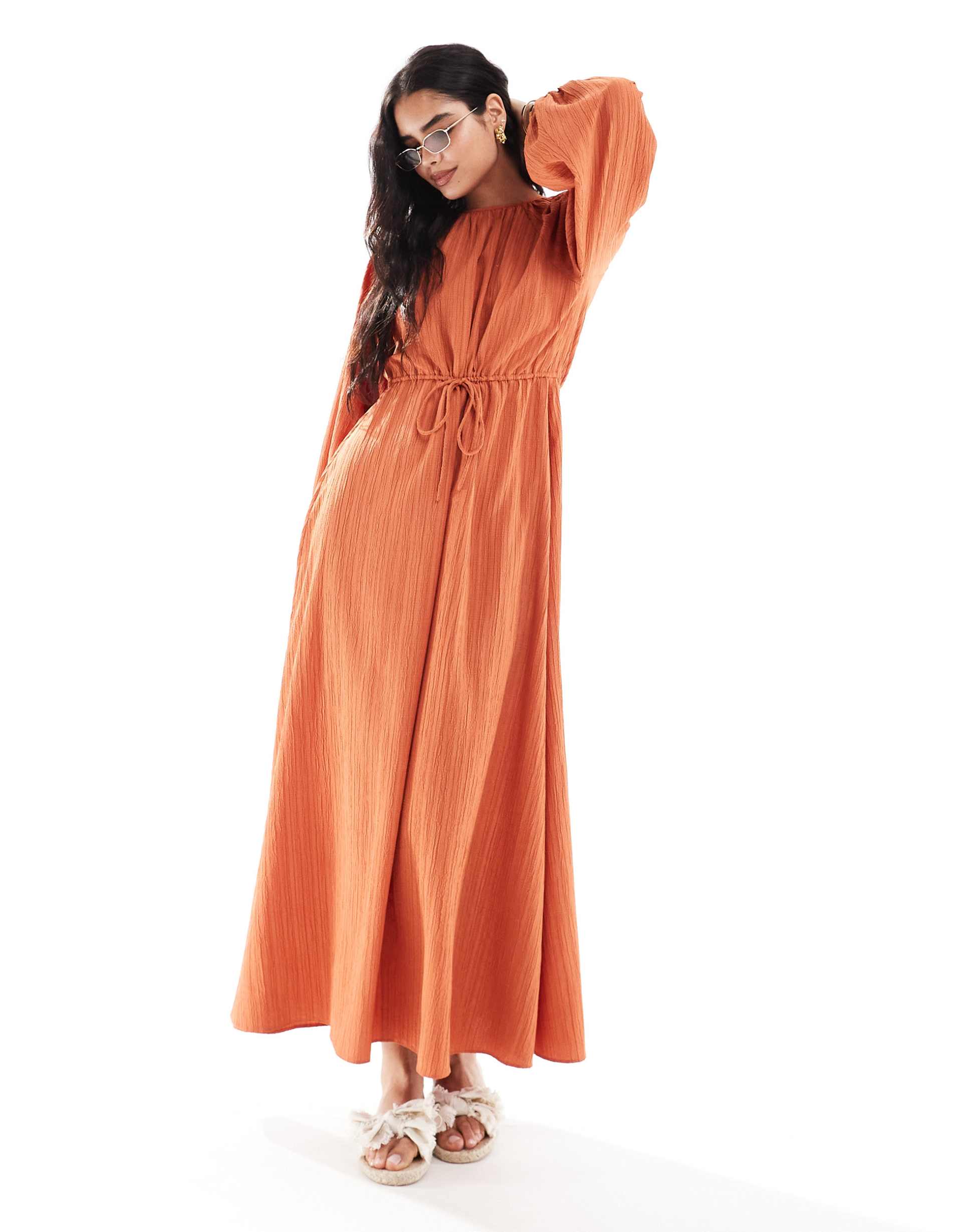 asos design raglan sleeve belt detail crinkle maxi dress in rust