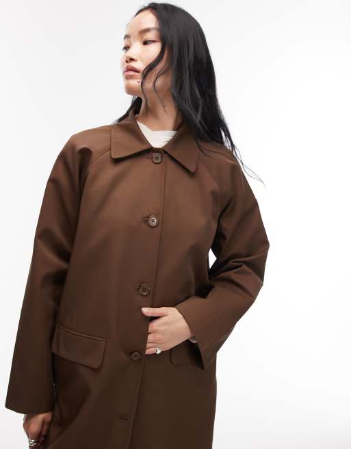 ASOS DESIGN raglan sleeve longline car coat in chocolate, 3 of 4